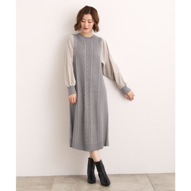 【石川梨華さん着用】一枚で華やぐ、袖布帛ケーブルニットワンピース | grove | 詳細画像3 