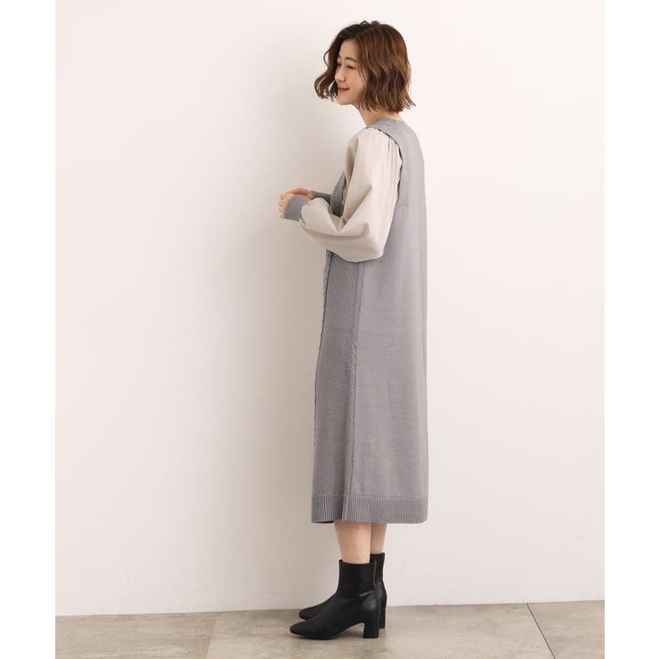 【石川梨華さん着用】一枚で華やぐ、袖布帛ケーブルニットワンピース | grove | 詳細画像4 