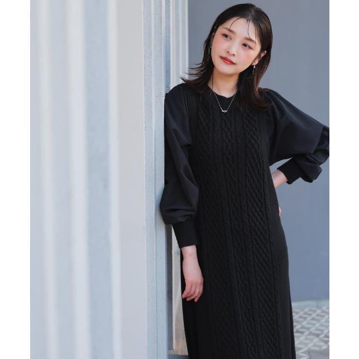 【石川梨華さん着用】一枚で華やぐ、袖布帛ケーブルニットワンピース | grove | 詳細画像1 