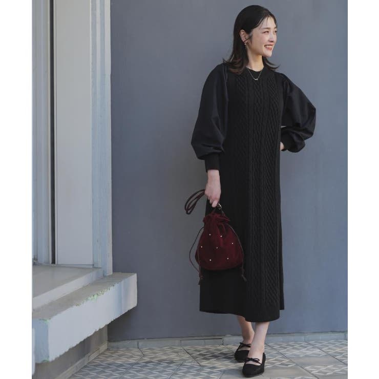 【石川梨華さん着用】一枚で華やぐ、袖布帛ケーブルニットワンピース | grove | 詳細画像6 