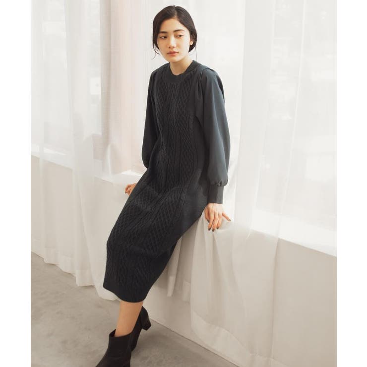 【石川梨華さん着用】一枚で華やぐ、袖布帛ケーブルニットワンピース | grove | 詳細画像12 