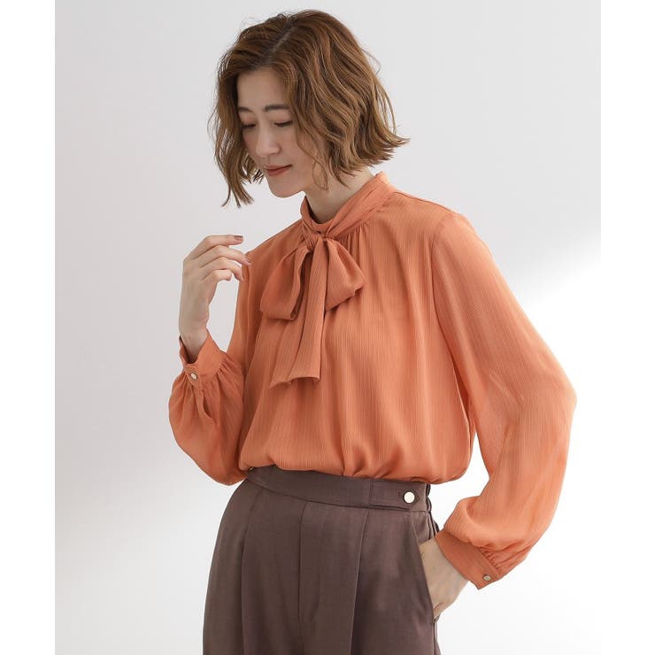 オレンジ(065) | シアーストライプボウタイブラウス | grove