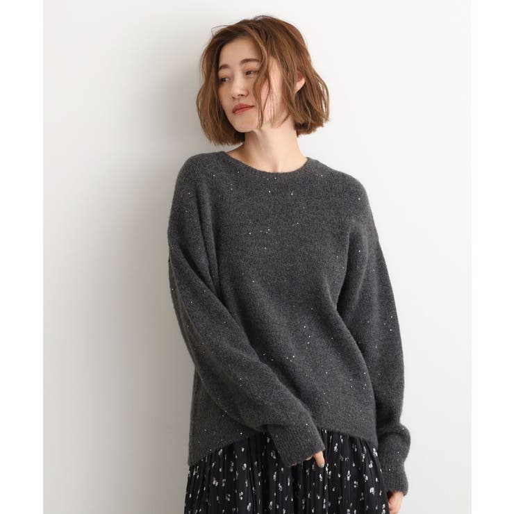 チャコールグレー(014) | 華やぎ冬ニット ミニスパンコールフェザーニット | grove