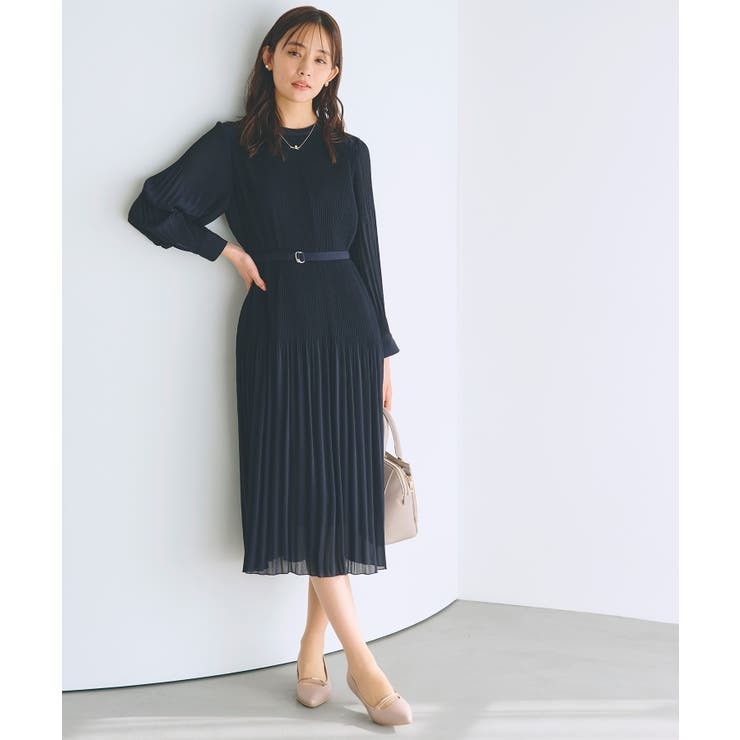 ネイビー(094) | プリーツナローフレアワンピース | grove