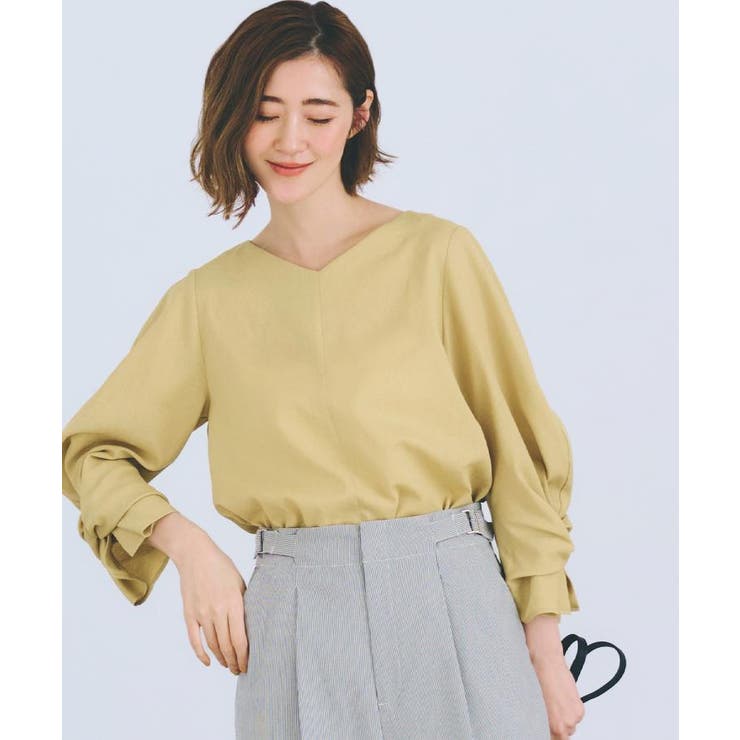 イエロー(031) | 【毎日着たい】麻調メッシュ袖コンシャスブラウス | grove