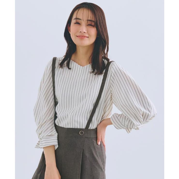 オフストライプ(304) | 【毎日着たい】麻調メッシュ袖コンシャスブラウス | grove