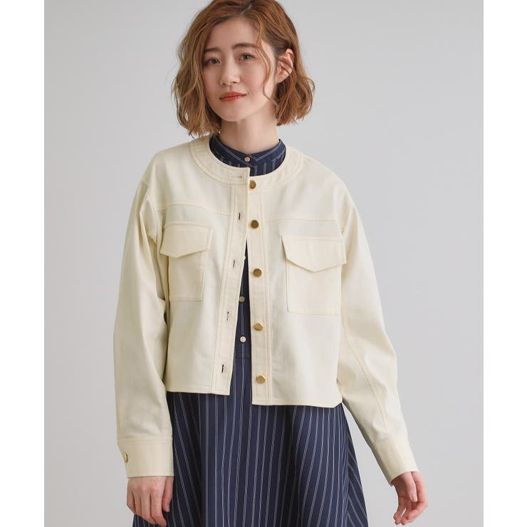 アイボリー(004) | ライトデニムノーカラージャケット | grove