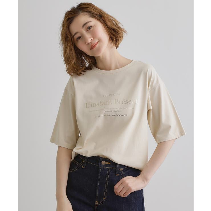 ベージュ×ゴールド(151) | 五分袖ロゴプリントTシャツ | grove