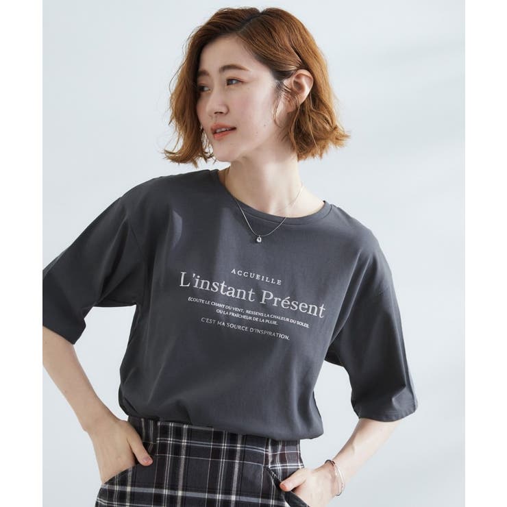 チャコールグレー(114) | 五分袖ロゴプリントTシャツ | grove