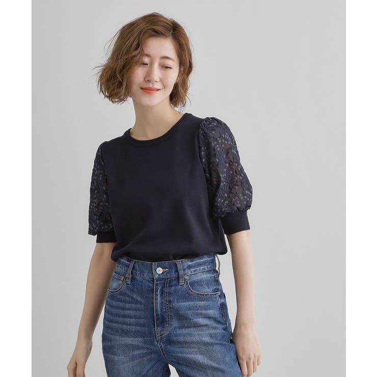 ネイビー(094) | ほんのり透ける抜け感がポイント！袖刺繍5分袖プルオーバー | grove