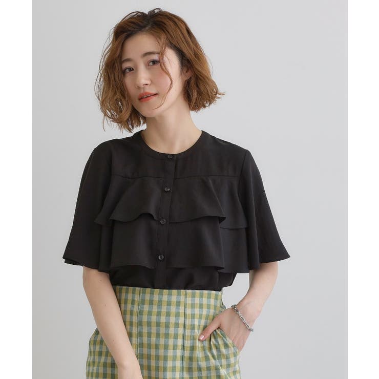 ブラック(019) | 甘さを抑えた大人のラッフルフリルブラウス | grove