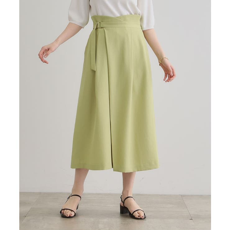 グリーン(025) | エレガントに着こなすラップ風タックスカート | grove