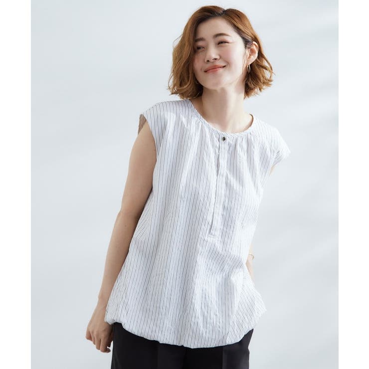 裾のボリュームが今年気分 ストライプバルーンブラウス | grove | 詳細画像1 