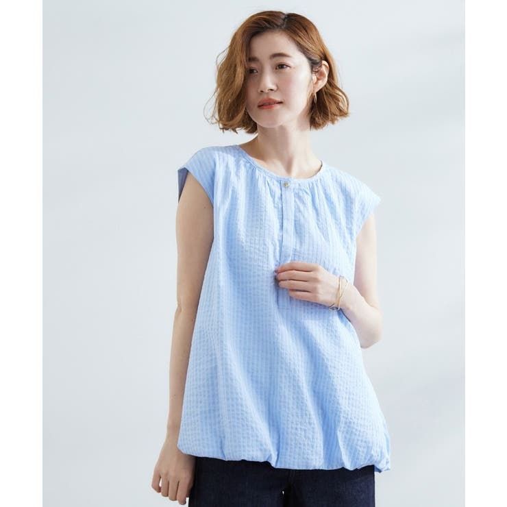 ブルー(393) | 裾のボリュームが今年気分 ストライプバルーンブラウス | grove