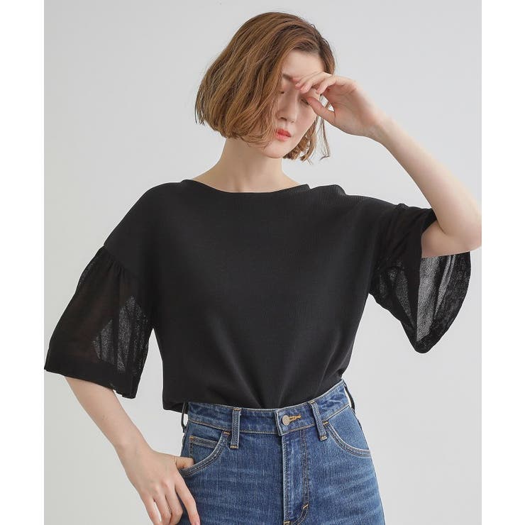 ブラック(019) | 【嬉しい機能付き】やわらかドライタッチシアーフレアスリーブニット | grove