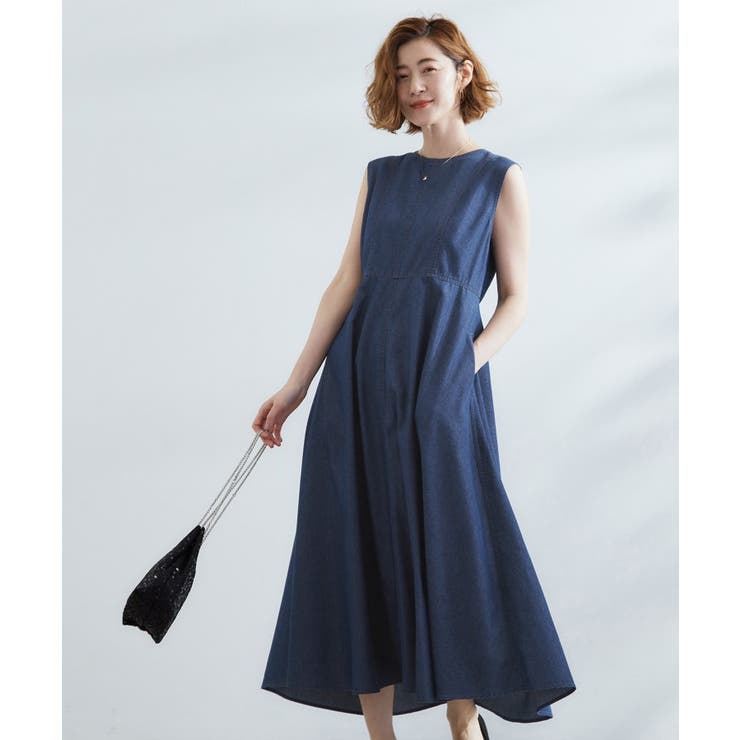ネイビー(094) | すっきり見え 軽やかデニムノースリーブワンピース | grove