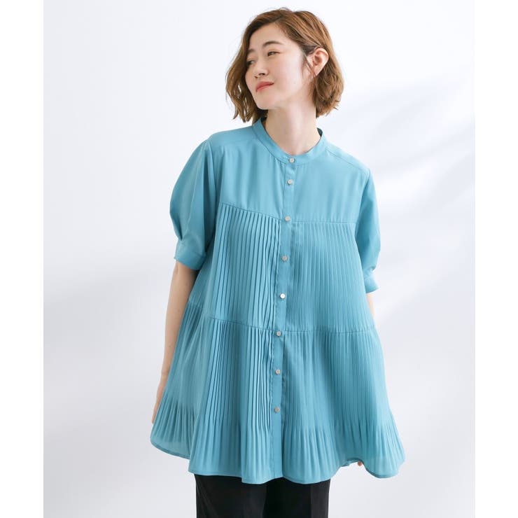ブルー(092) | 【体型カバー】ラフに着たい ティアードプリーツブラウス | grove