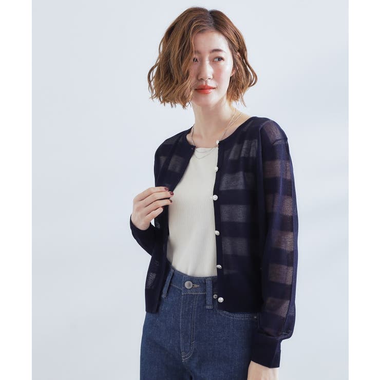 ネイビー(094) | シアーボーダーカーディガン | grove
