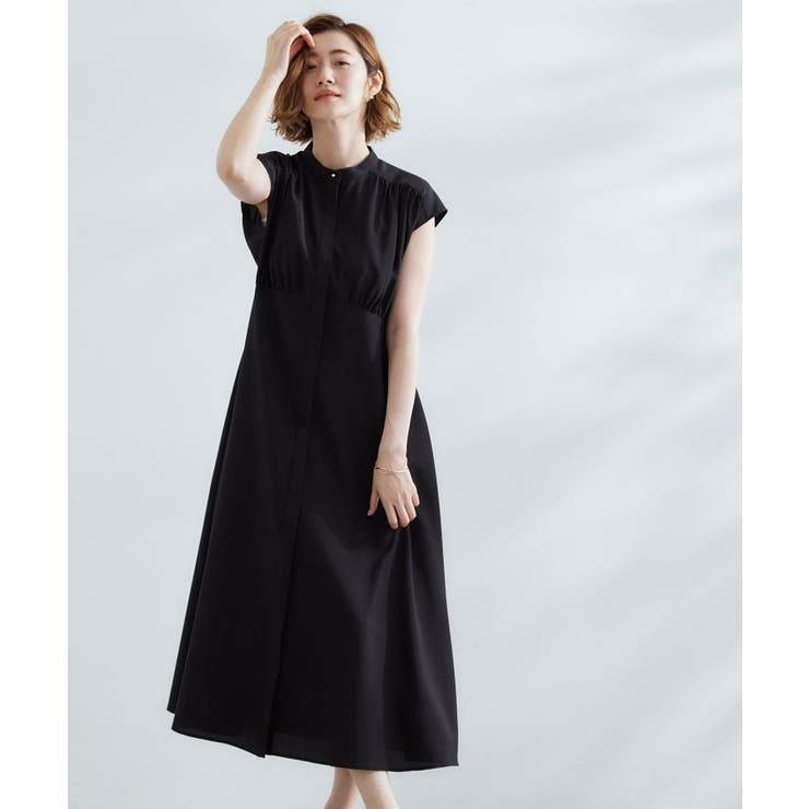 ブラック(019) | ウエスト高見えでスタイルアップ 上品スタンドカラーシャツワンピース | grove