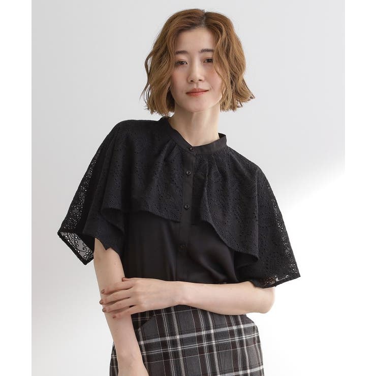 ブラック(019) | 透け感と刺繍で魅せる ペイズリー刺繍ケープブラウス | grove