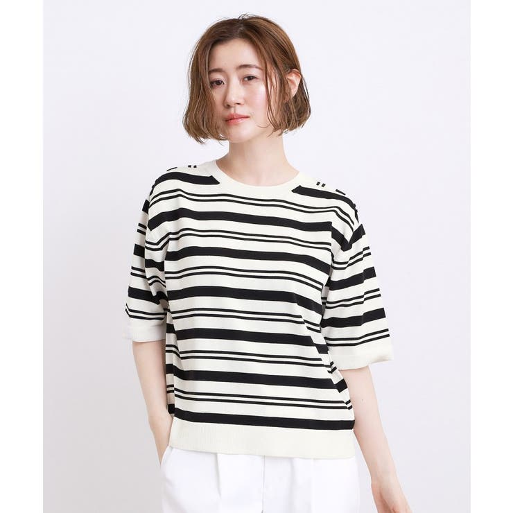 ボーダー(303) | 【ひんやり・UVカット・洗濯機◎】Tシャツ感覚で着られるコットン混ニット | grove