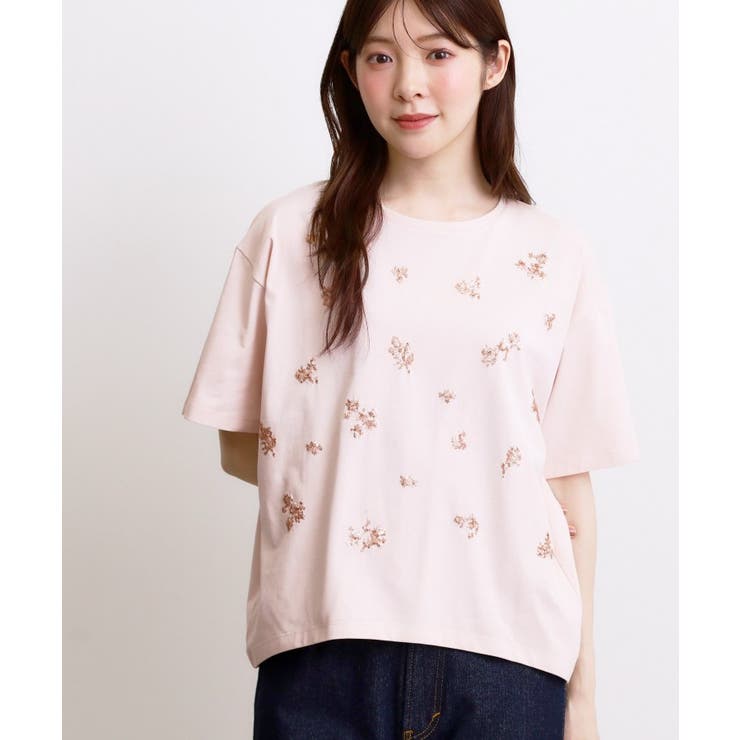 ピンクベージュ(053) | フラワーモチーフスパンコールTシャツ | grove