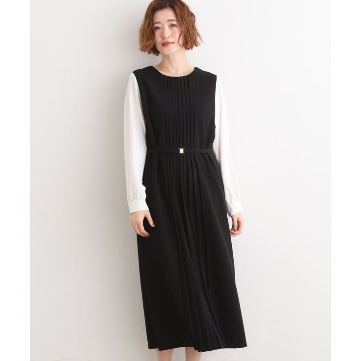 ブラック(019) | 【手洗いOK】フロントプリーツ袖コンシャスワンピース | grove