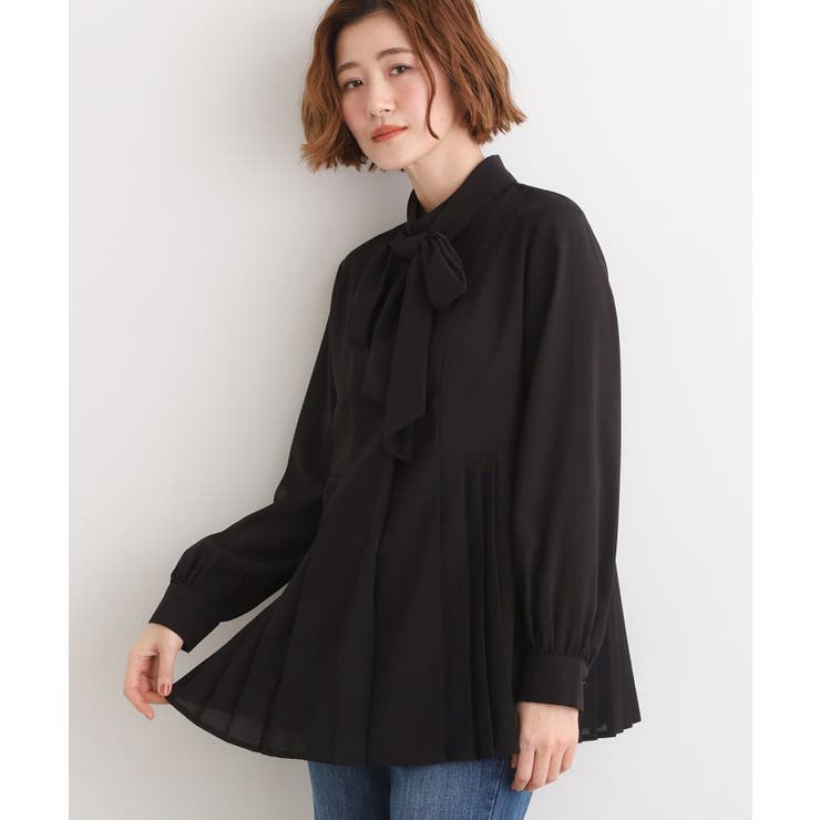 ブラック(019) | 【マシンウォッシュ/防シワ/UVカット】裾プリーツ取り外しボウタイブラウス | grove