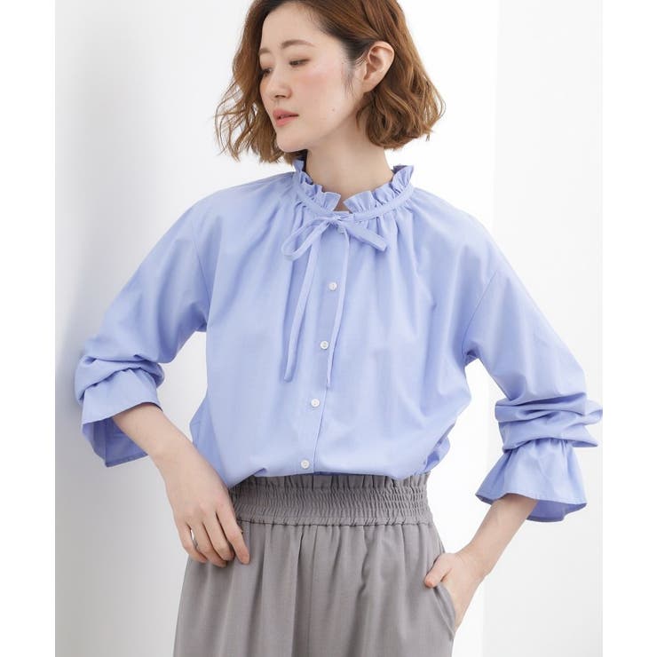ブルー(091) | フリルカラーリボンブラウス | grove