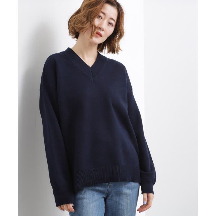 ネイビー(094) | ラフさときれいめを両立する、大人のスウェットライクVネックニット | grove