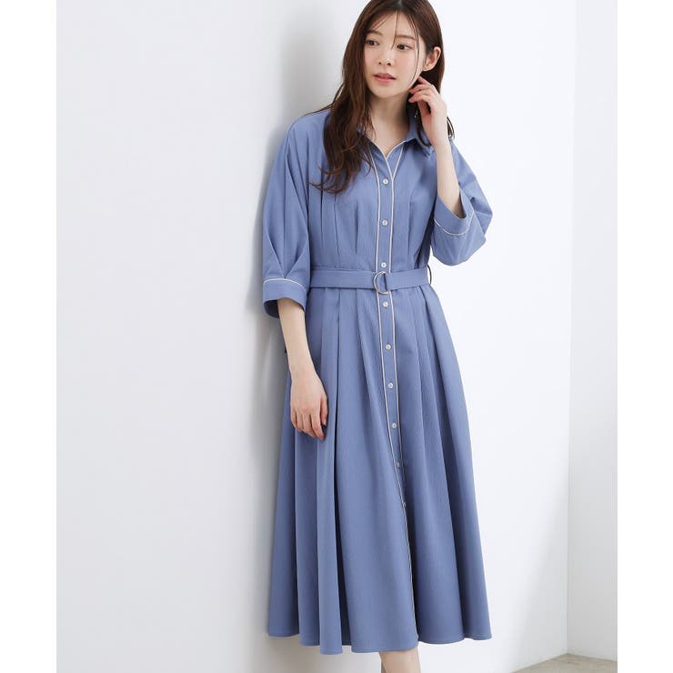 ブルー×グレー(592) | 【貴島明日香さん着用・美シルエット】ウエストタック配色ワンピース | grove