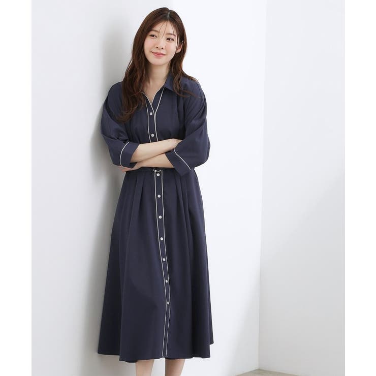ネイビー×グレー(594) | 【貴島明日香さん着用・美シルエット】ウエストタック配色ワンピース | grove