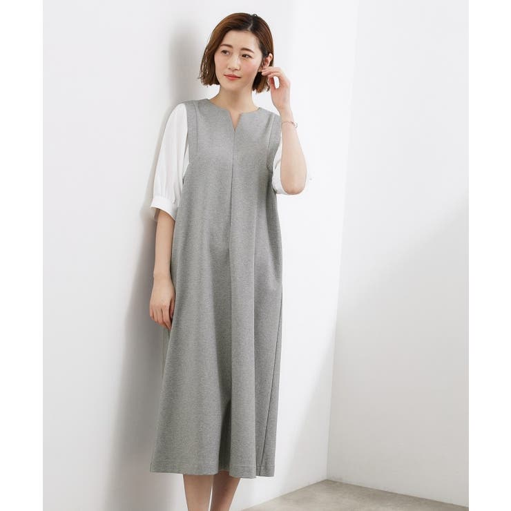 杢グレー×オフ(512) | 高評価！【体型カバー/洗える】袖布帛ポンチワンピース | grove