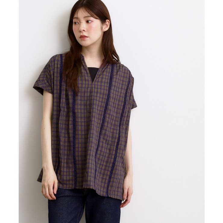 ネイビー(294) | 【体系カバー◎】レースデザインスキッパーブラウス | grove