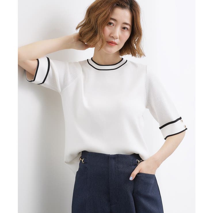 オフ×ブラック(003) | やわらかドライタッチ 袖メッシュ編みニット | grove