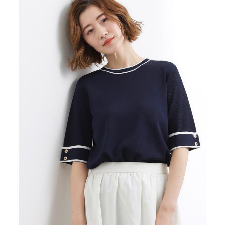 ネイビー×オフ(094) | やわらかドライタッチ 袖メッシュ編みニット | grove