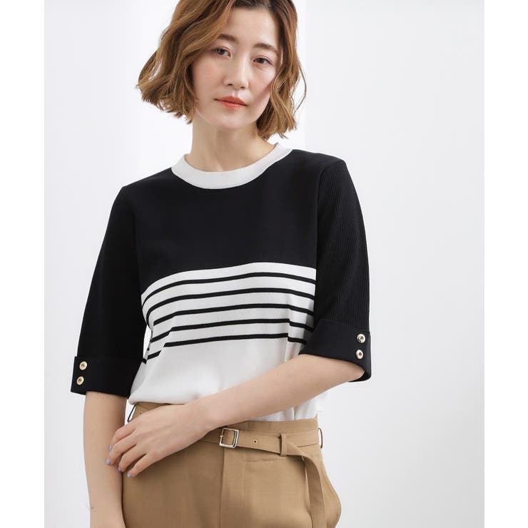 ブラック×オフ(519) | やわらかドライタッチ 袖メッシュ編みニット | grove