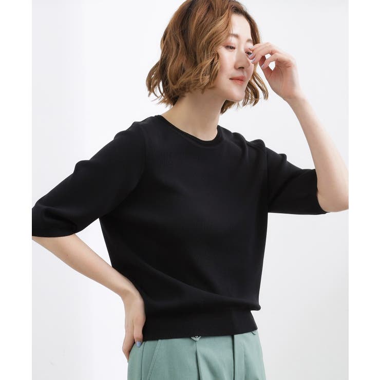 ブラック(019) | 【シリーズ累計34万枚】やわらかドライタッチ 五分袖クルーネックニット | grove