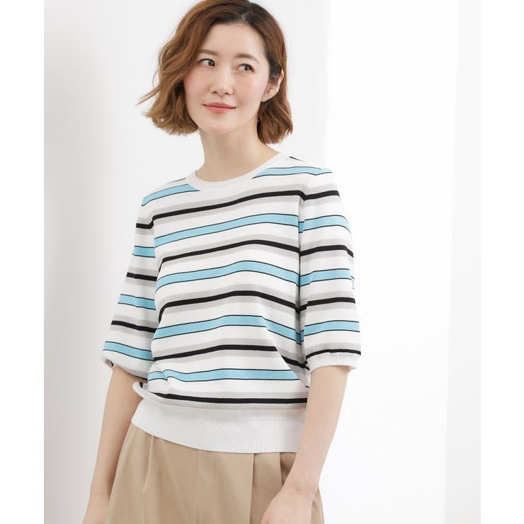 マルチボーダー(391) | 【シリーズ累計34万枚】やわらかドライタッチ 五分袖クルーネックニット | grove