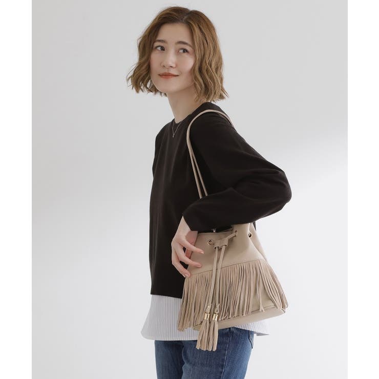 ライトベージュ(051) | スエードフリンジ巾着ショルダーバッグ | grove