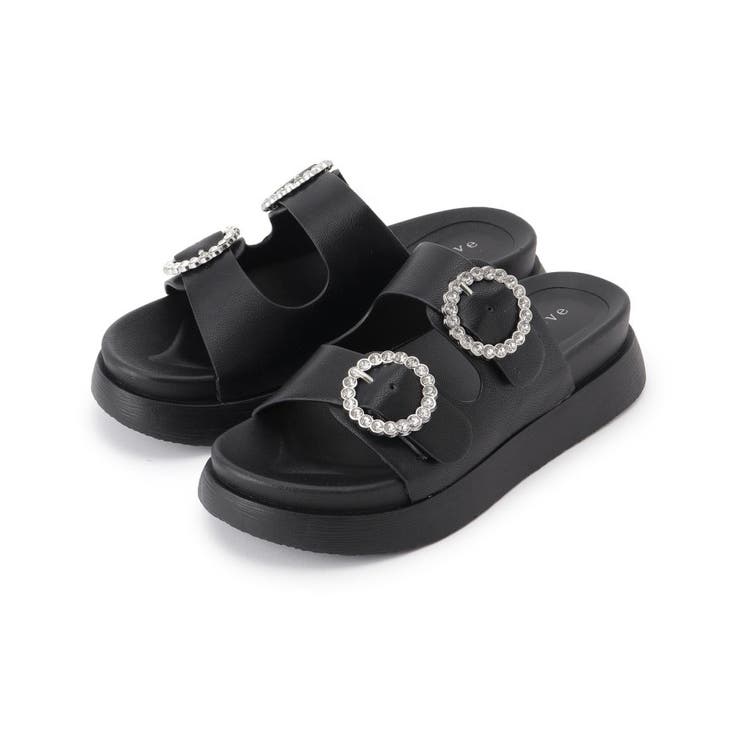 ブラック(019) | 【キラキラビジューがポイント】厚底ダブルビジューバックルサンダル | grove