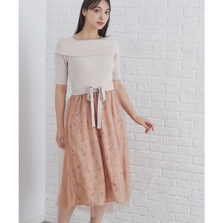 フラワー付きチュールドッキングドレス フラワーレース ベアトップ チュールドレス（W313）