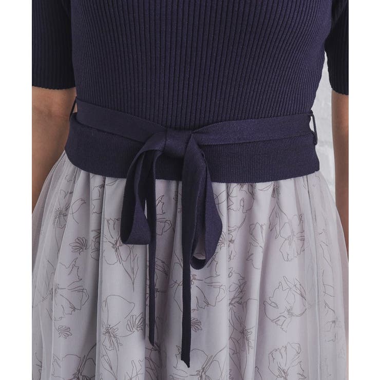 フラワー付きチュールドッキングドレス GIRL DRESS FOR NOW ドレス チュールドッキング花柄プリント フレア