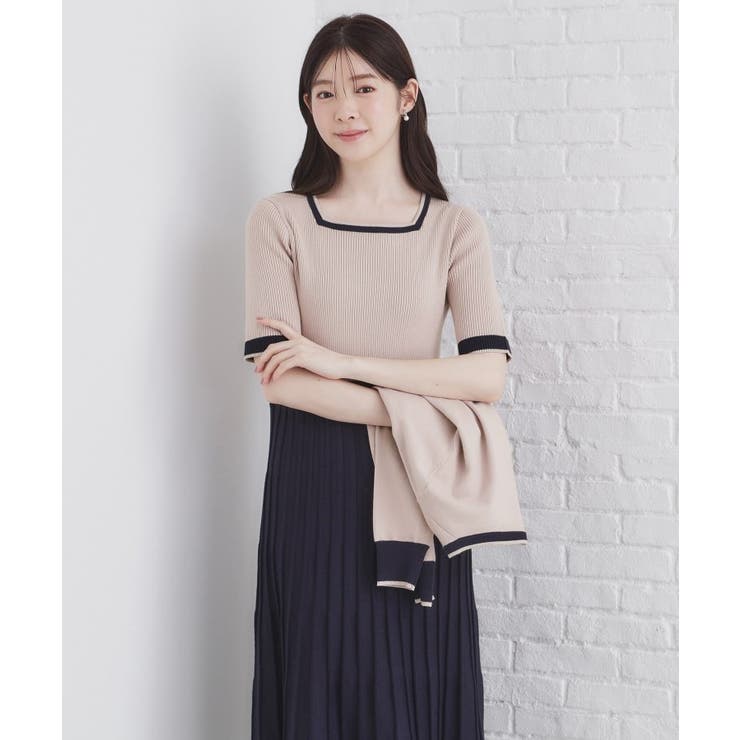 ツインセット》カーディガン×バイカラーニットワンピース【洗濯 ツインセット》カーディガン×バイカラーニットワンピース【洗濯