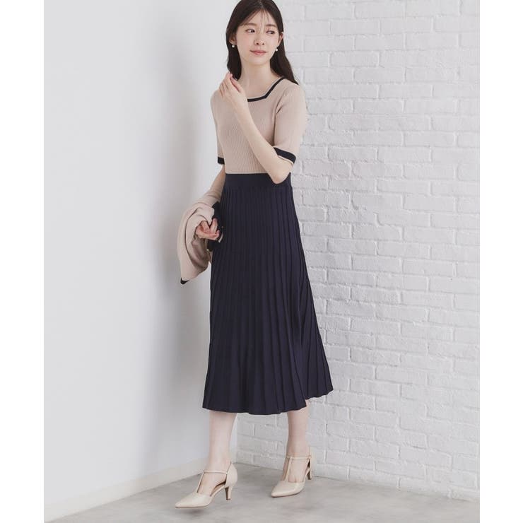 ツインセット》カーディガン×バイカラーニットワンピース【洗濯 ツインセット》カーディガン×バイカラーニットワンピース【洗濯