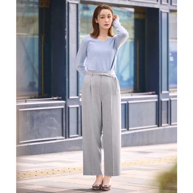 【INDIVI】ビジュー付きVネックニット／青系／上品＆華やか　レーヨン混／38 6color/S-LLsize》ラメ混Vネックニット【洗濯機洗い可】[品番