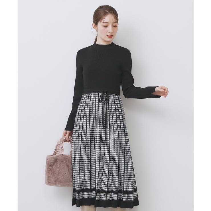 ブラック(019) | 千鳥チェックバイカラーニットワンピース【洗濯機OK/抗ピル】 | index
