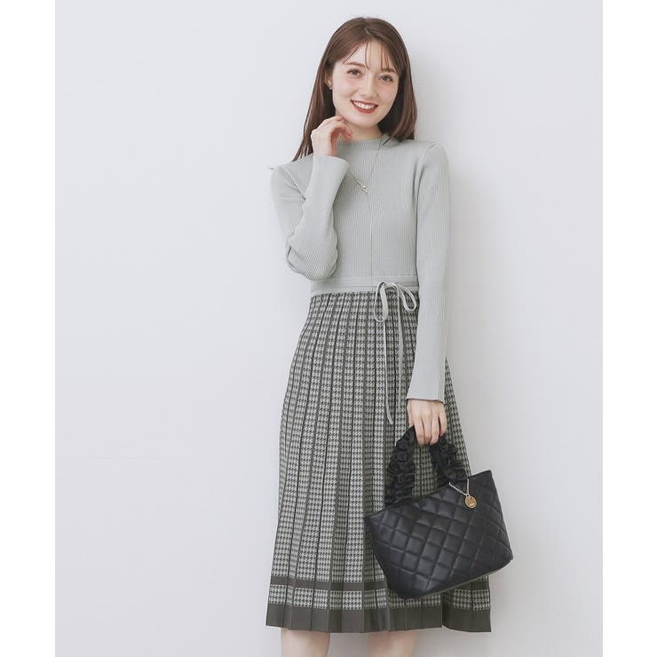 サックスブルー(090) | 千鳥チェックバイカラーニットワンピース【洗濯機OK/抗ピル】 | index