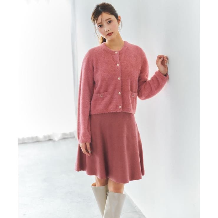 フェザーヤーンフラワーボタンカーディガン【洗濯機OK】[品番