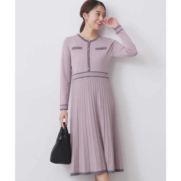 ピンクベージュ(553) | バイカラードッキング風ニットワンピース【洗濯機OK/抗ピル】 | index